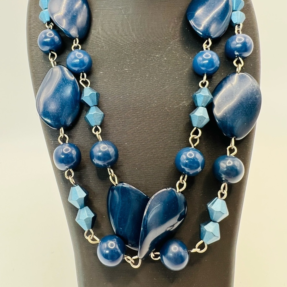 Vintage Blue Beaded Long Necklace Silver Tone Statement